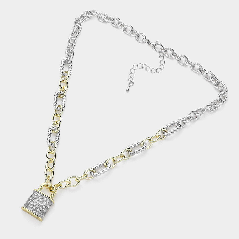 14K Gold Plated CZ Paved Lock Pendant Two Tone Chain Necklace