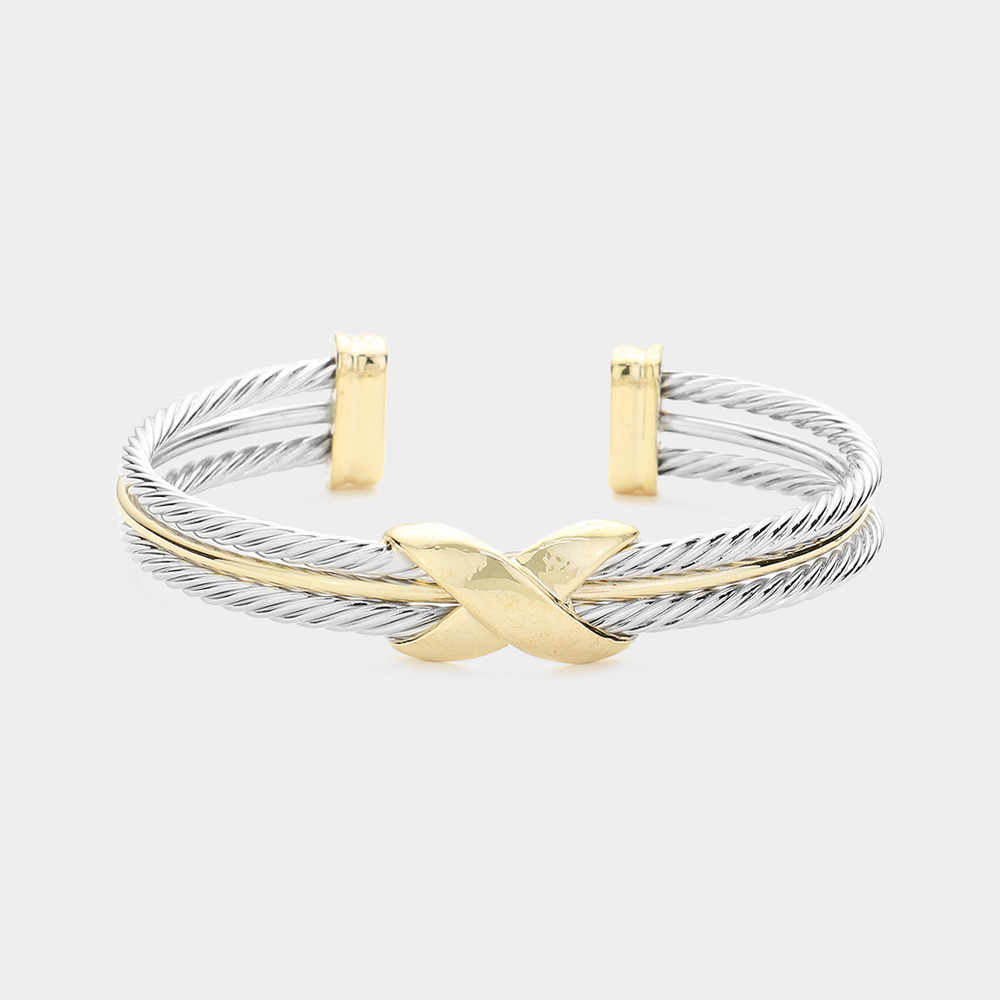 14K Gold Plated Two Tone Crisscross Pointed Twisted Metal Cuff Bracelet
