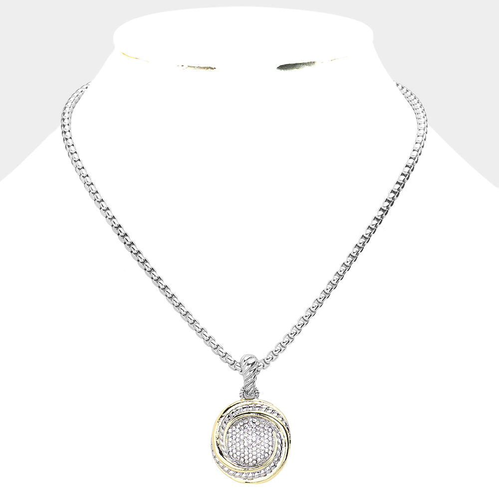 Stone Paved Two Tone Disc Pendant Necklace
