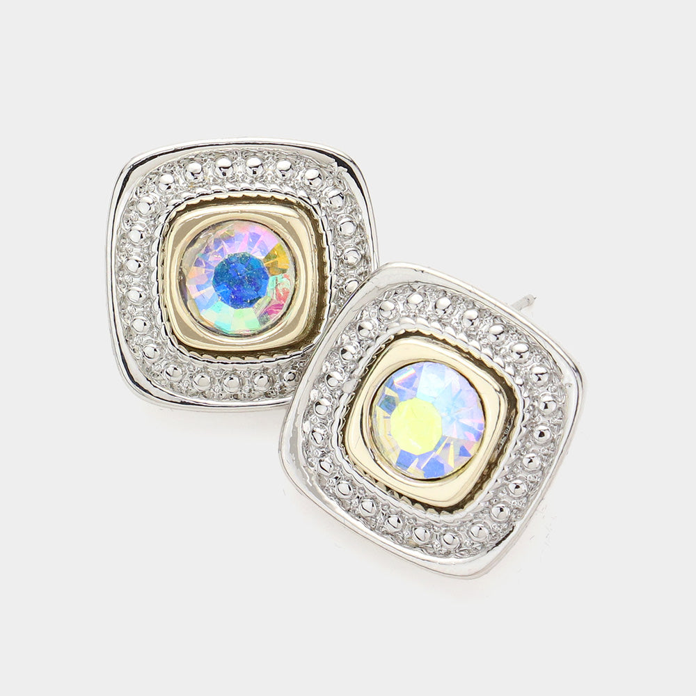 Round Stone Pointed Square Stud Earrings