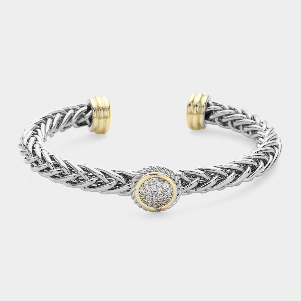CZ Stone Paved Circle Pendant Pointed Textured Metal Cuff Bracelet