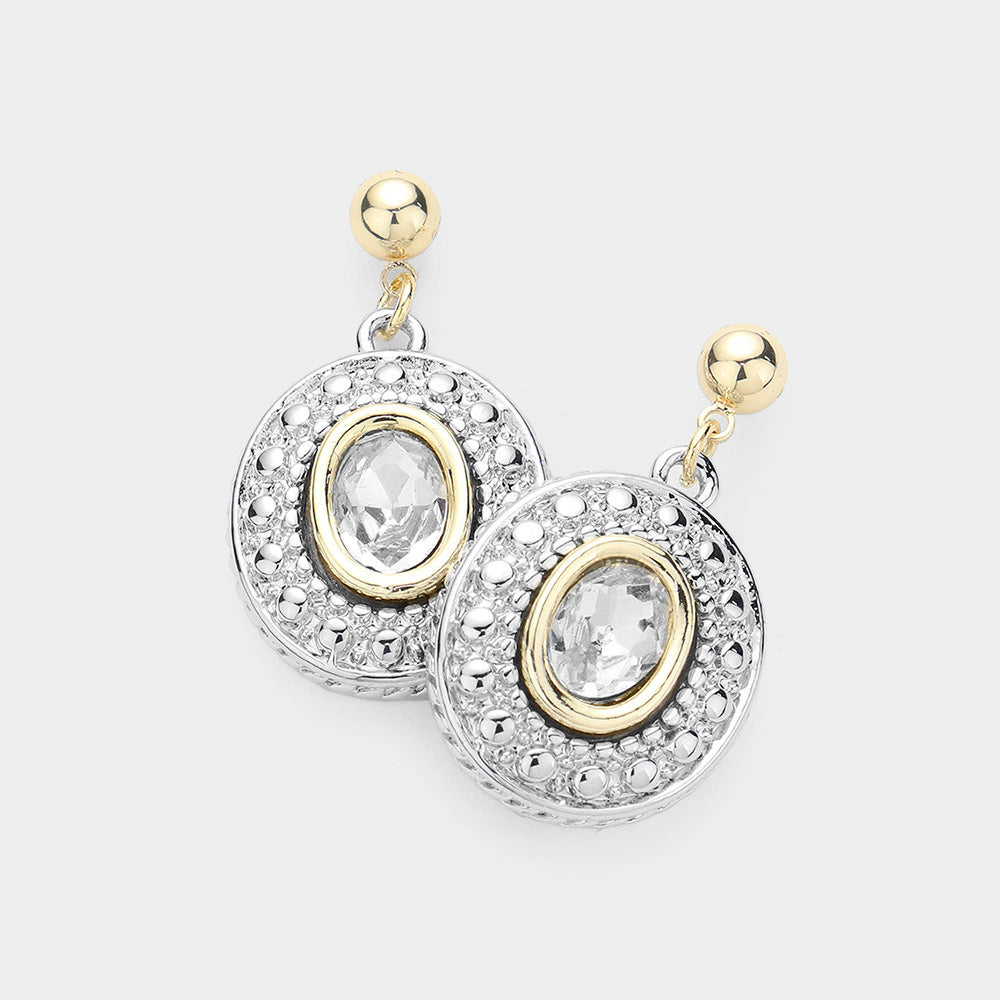Oval Stone Pointed Stone Paved Oval Dangle Earrings
