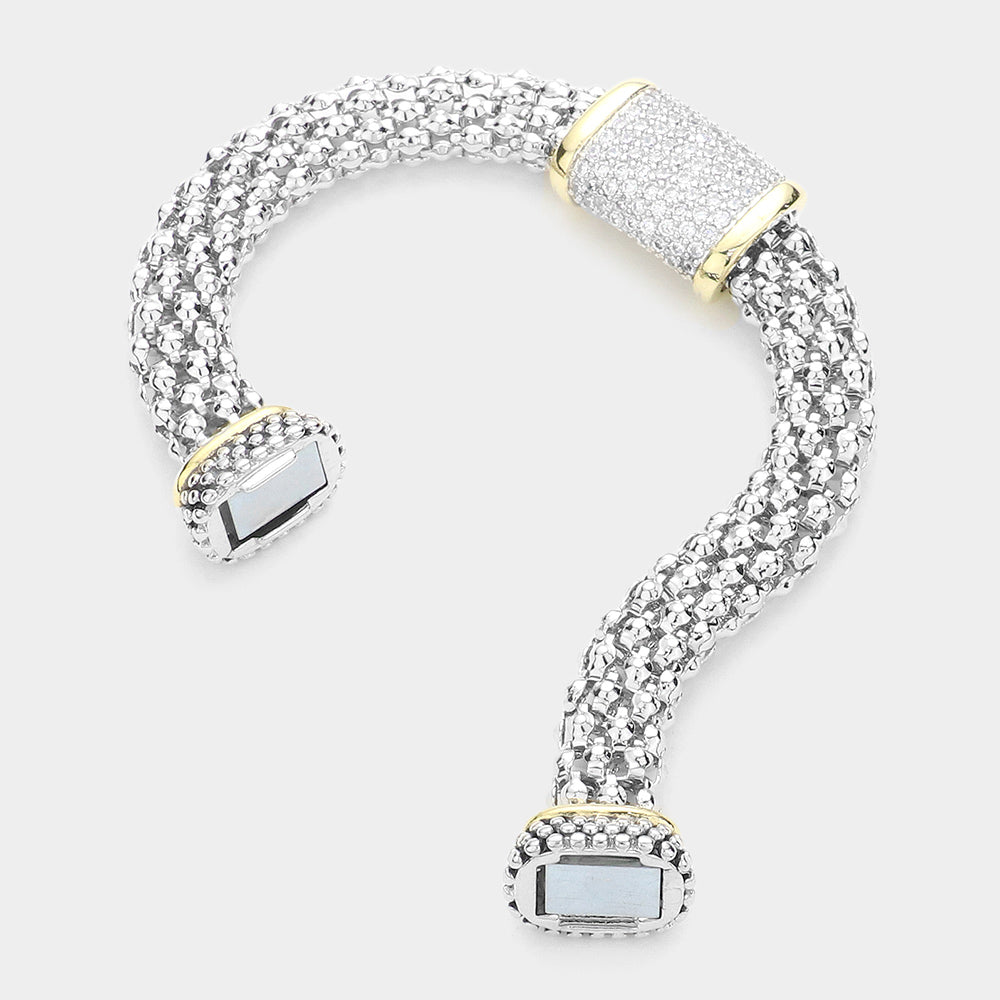 Exquisite Two Tone CZ Stone Paved Rectangular Pendant Magnetic Bracelet