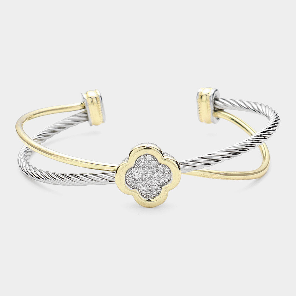 Exquisite CZ Stone Paved Quatrefoil Pointed Two Tone Split Clover Cuff Bracelet