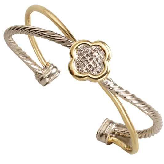 Exquisite CZ Stone Paved Quatrefoil Pointed Gold Tone Split Cuff Bracelet