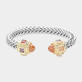 CZ Stone Tip Textured Metal Cuff Bracelet