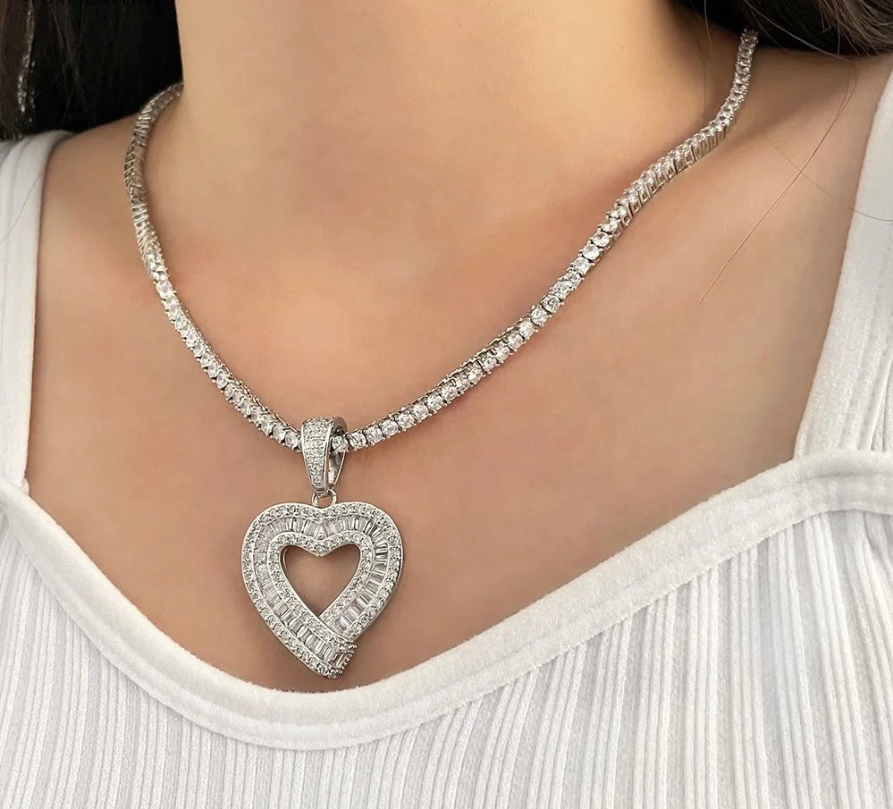 Exquisite Diamond Baguette Heart Pendant