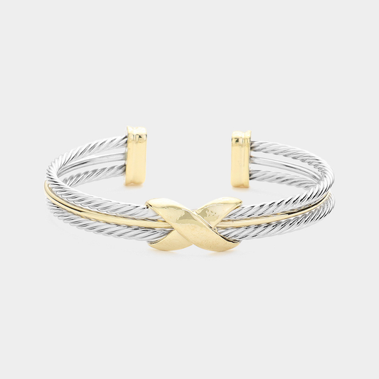 14K Gold Plated Two Tone Crisscross Pointed Twisted Metal Cuff Bracelet