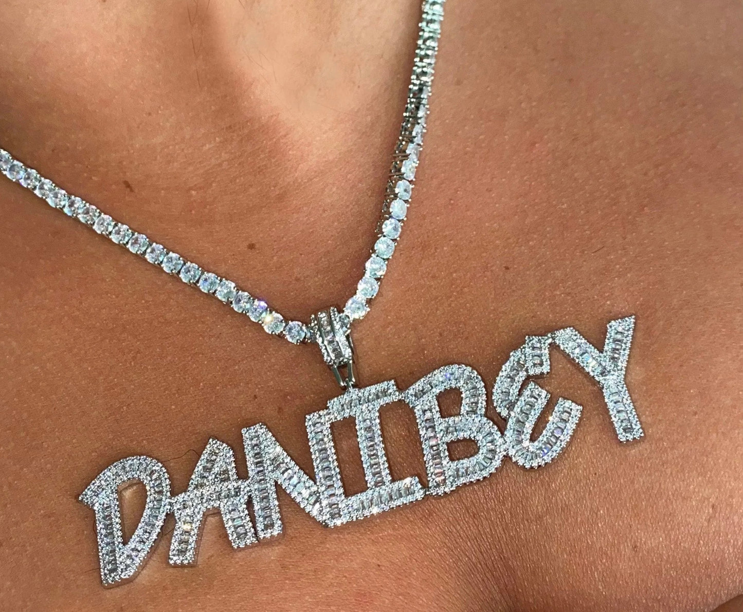 Exquisite Diamond Baguette Name Pendant with Tennis Chain