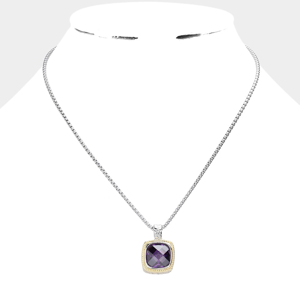 Square CZ Stone Pendant Necklace