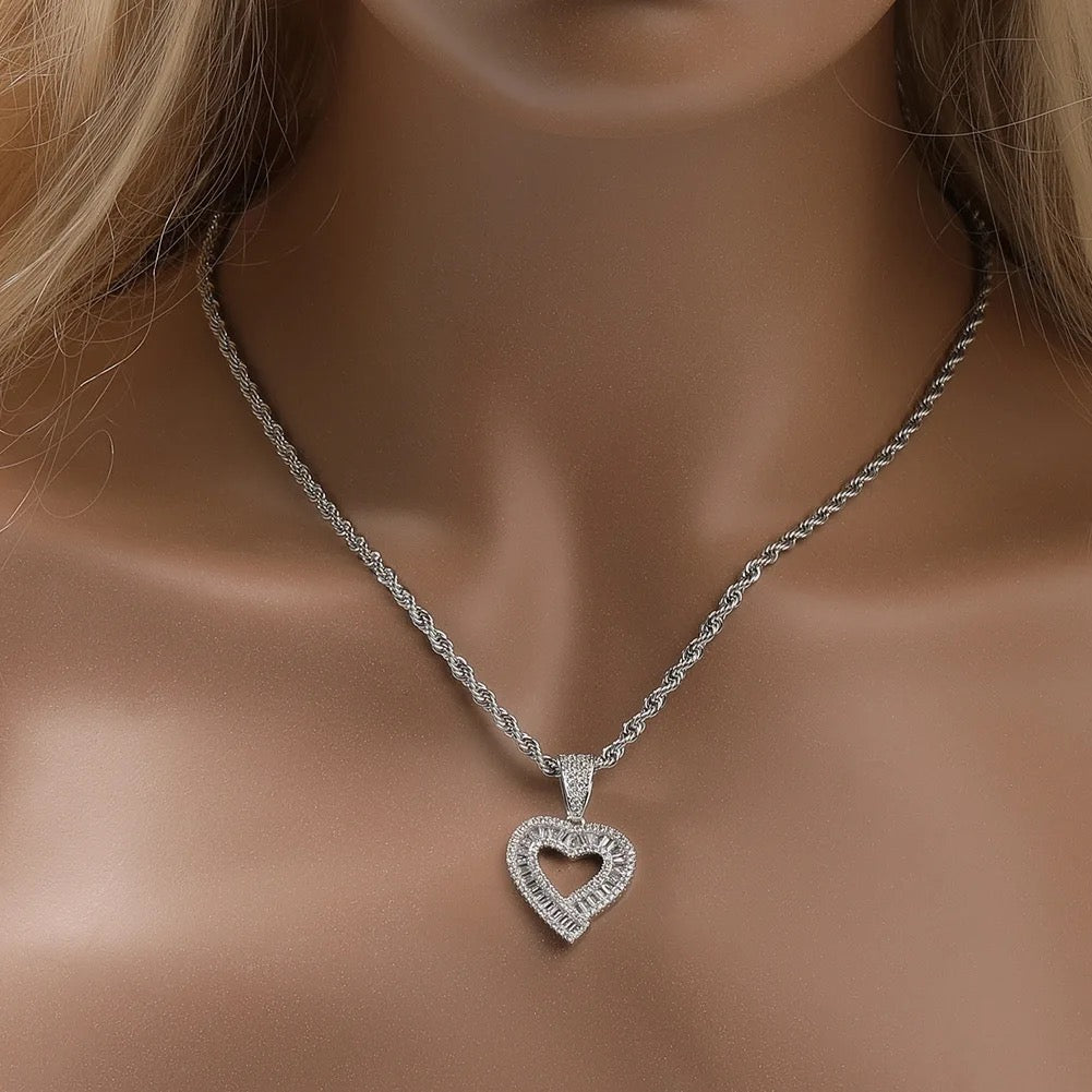 Exquisite Diamond Baguette Heart Pendant