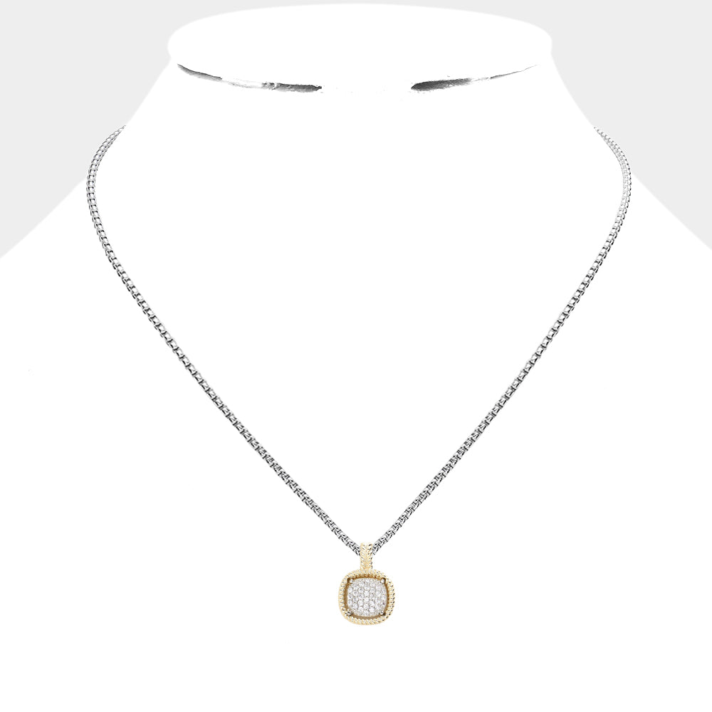 CZ Embellished Square Pendant Necklace