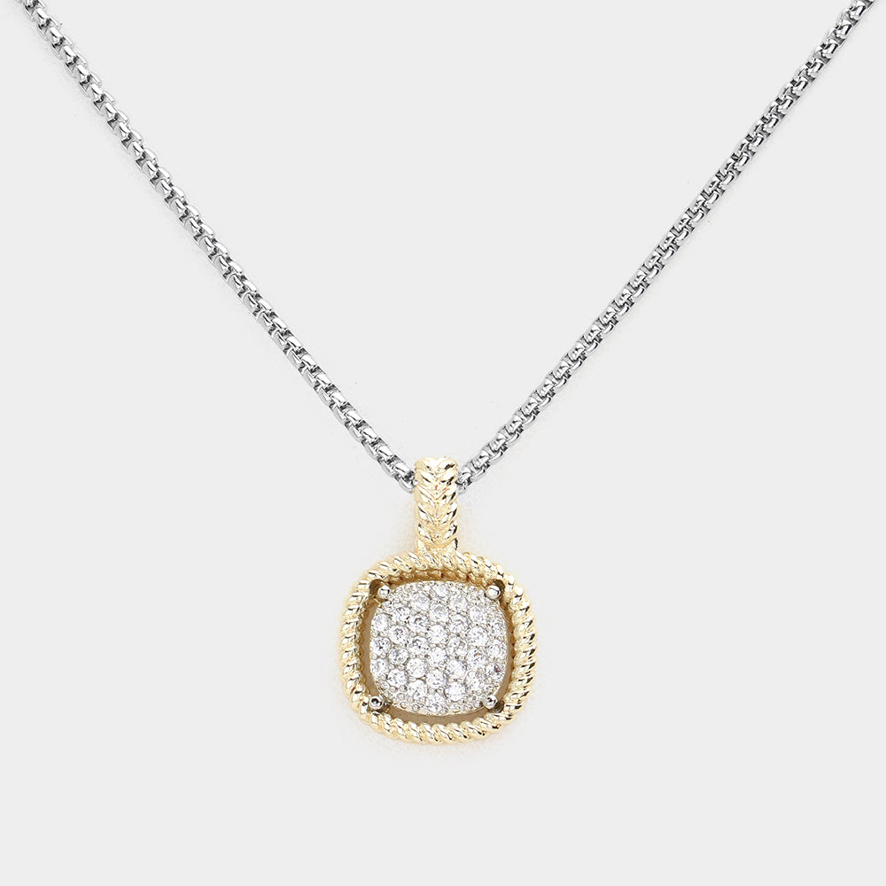 CZ Embellished Square Pendant Necklace