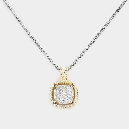 CZ Embellished Square Pendant Necklace