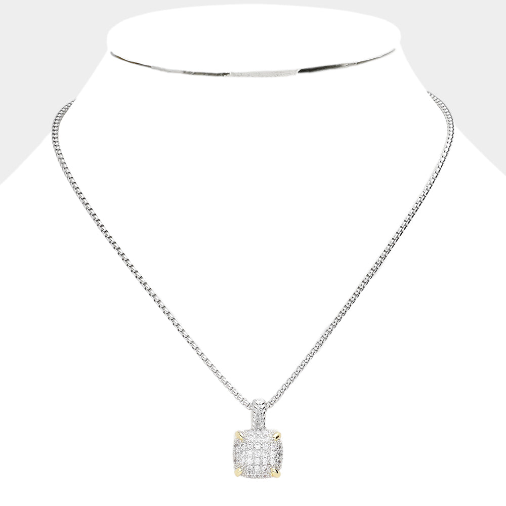 CZ Embellished Square Pendant Necklace