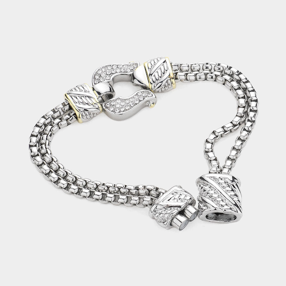 Stone Paved Horseshoe Pointed Two Tone Magnetic Bracelet