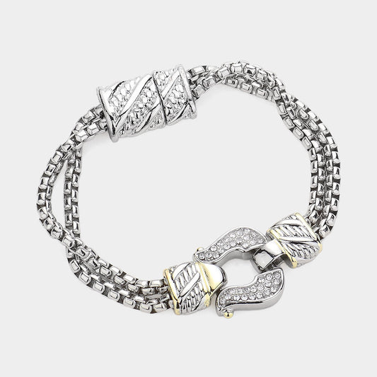 Stone Paved Horseshoe Pointed Two Tone Magnetic Bracelet