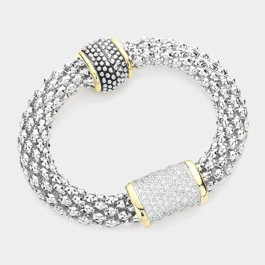 Exquisite Two Tone CZ Stone Paved Rectangular Pendant Magnetic Bracelet
