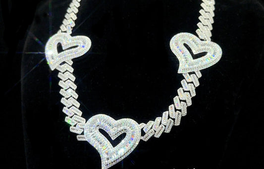 Exquisite 12mm Cuban Link Baguette Chain with heart charms pendants 18inch
