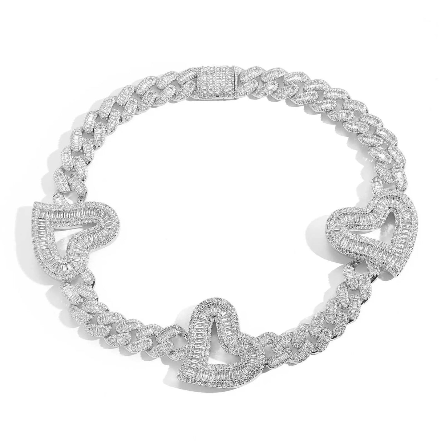 Exquisite 12mm Cuban Link Baguette Chain with heart charms pendants 18inch