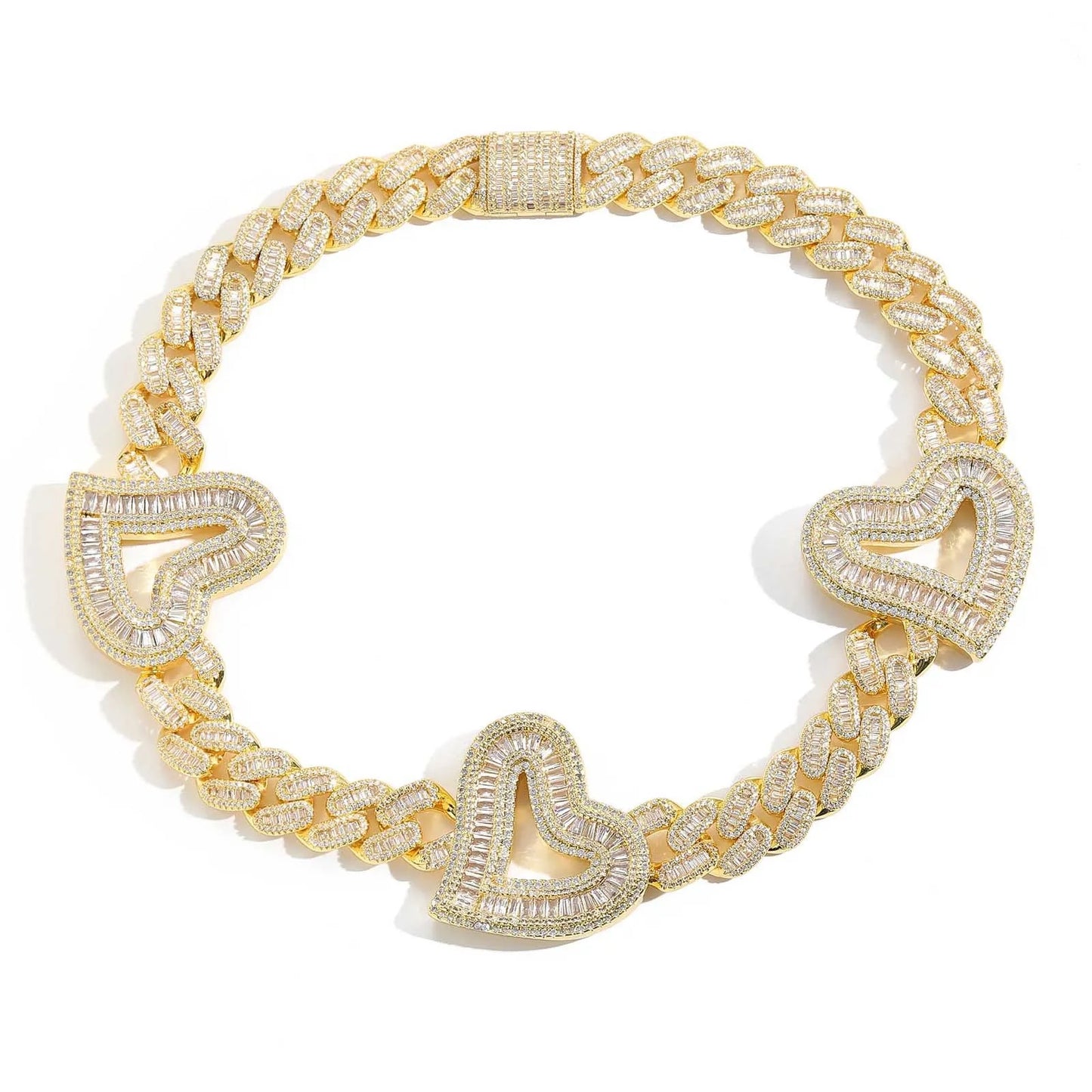 Exquisite 12mm Cuban Link Baguette Chain with heart charms pendants 18inch